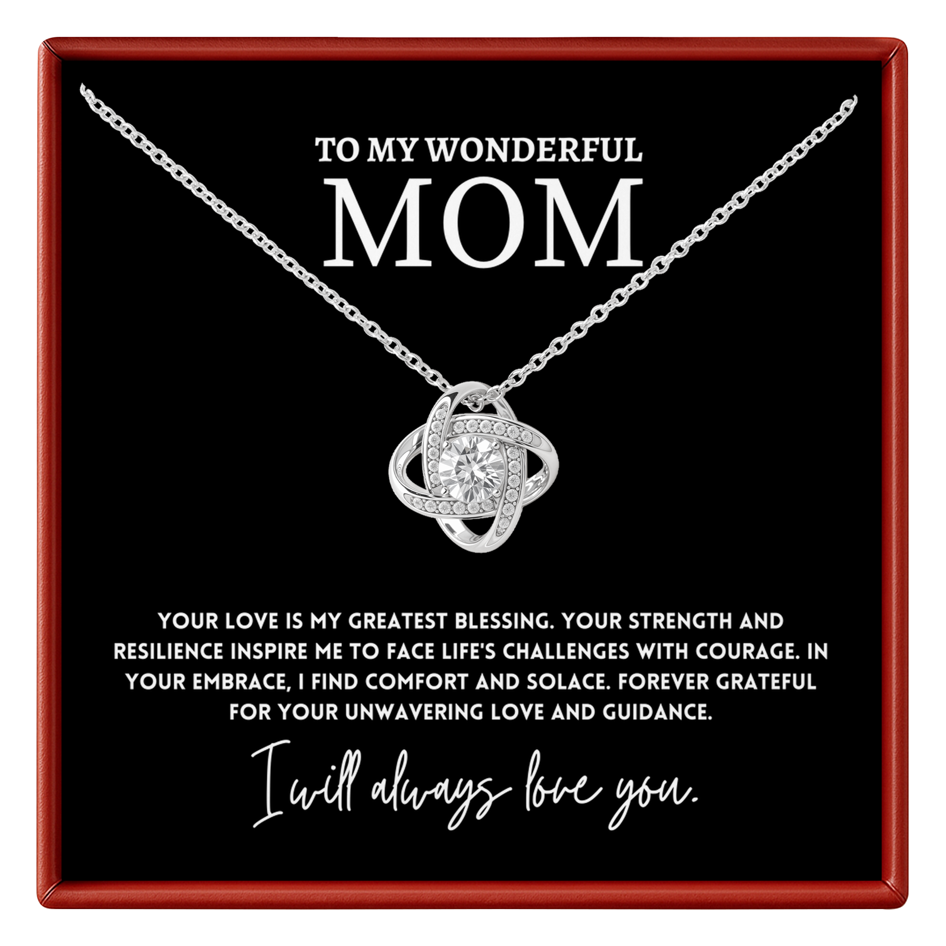 mom necklace with heart pendant in a box with a message for a mom