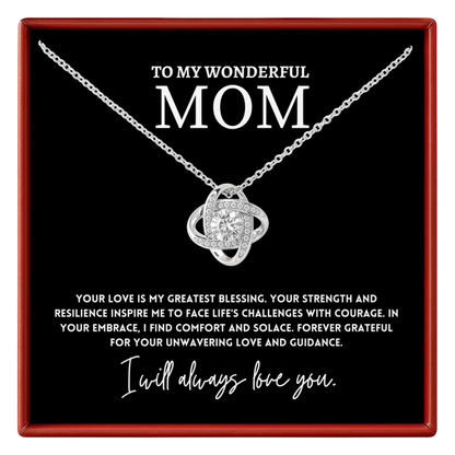 mom necklace with heart pendant in a box with a message for a mom