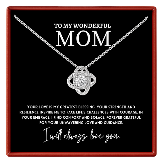 mom necklace with heart pendant in a box with a message for a mom
