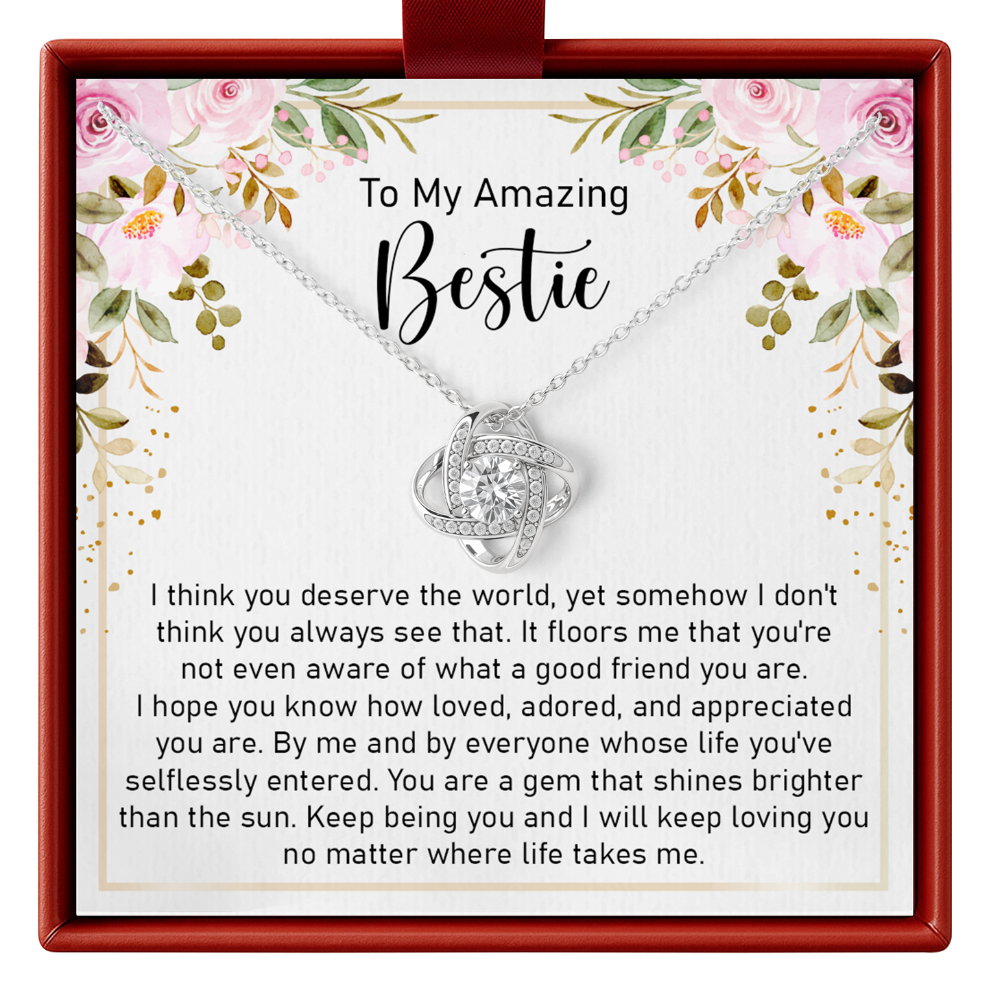 Necklace in a decorative box with floral design and heartfelt message for bestie