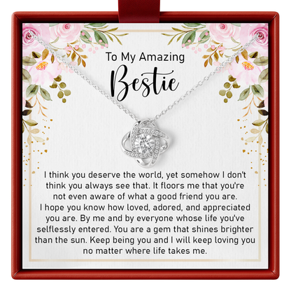 Necklace in a decorative box with floral design and heartfelt message for bestie