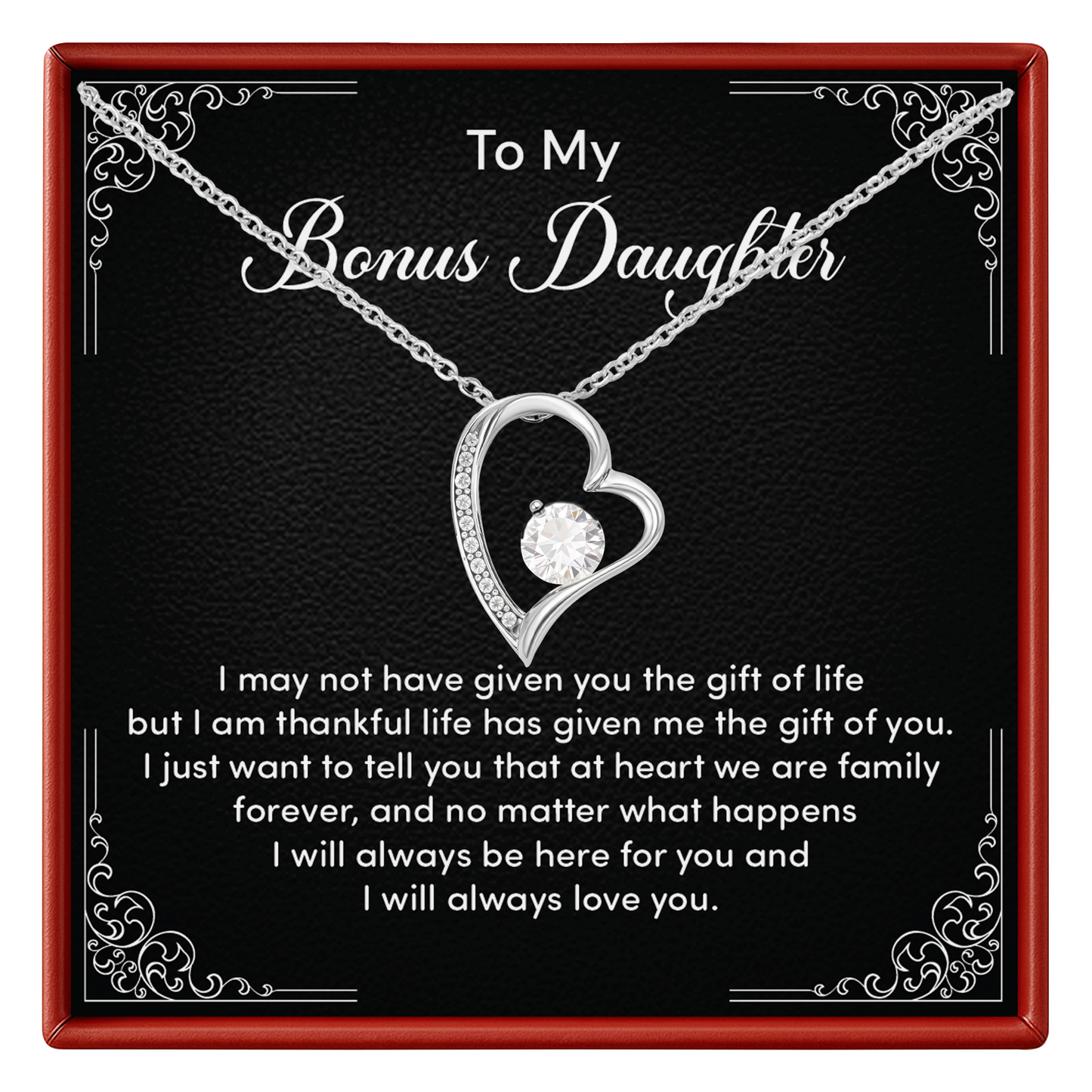 Necklace with heart design on a black card with text, framed by decorative elements.