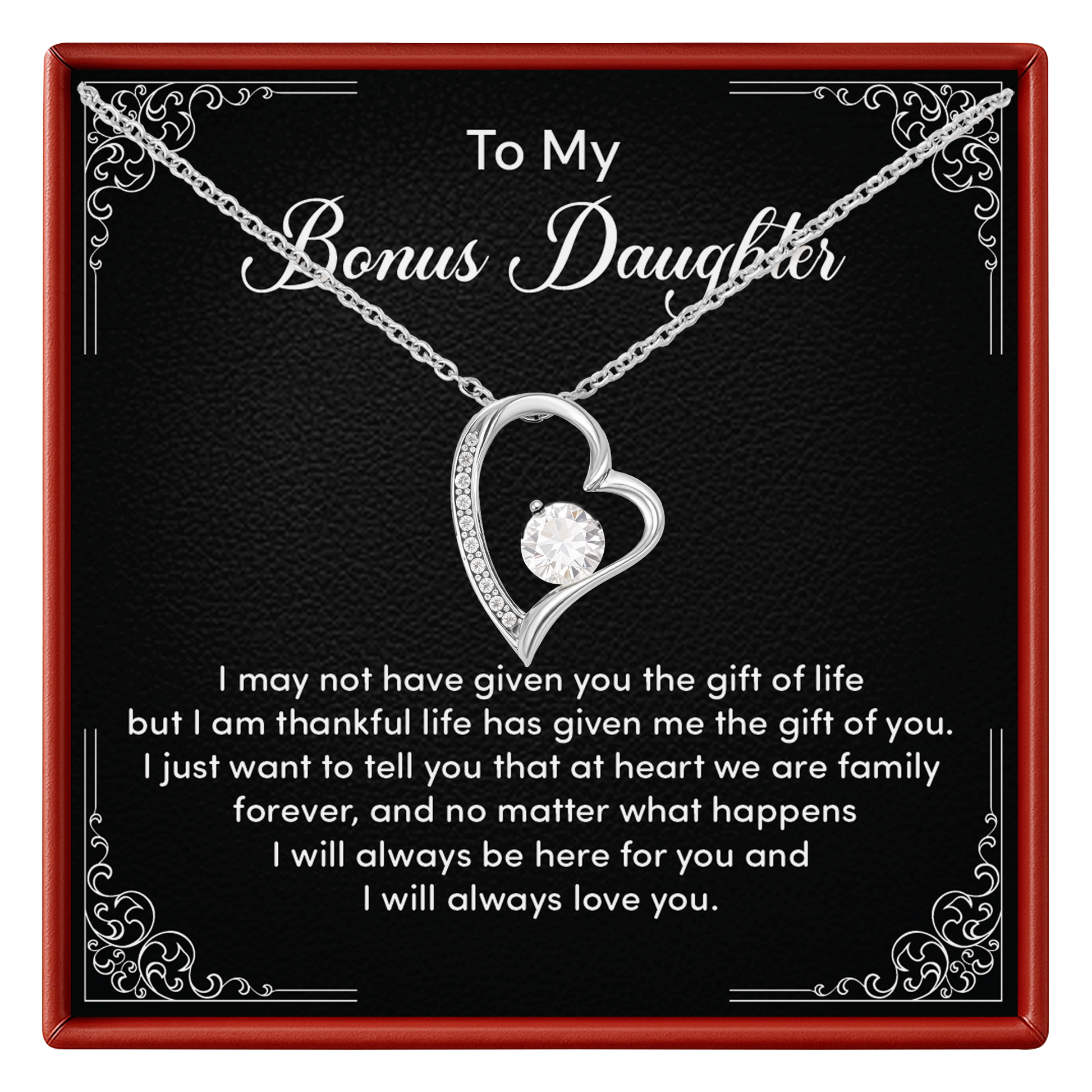 Necklace with heart design on a black card with text, framed by decorative elements.