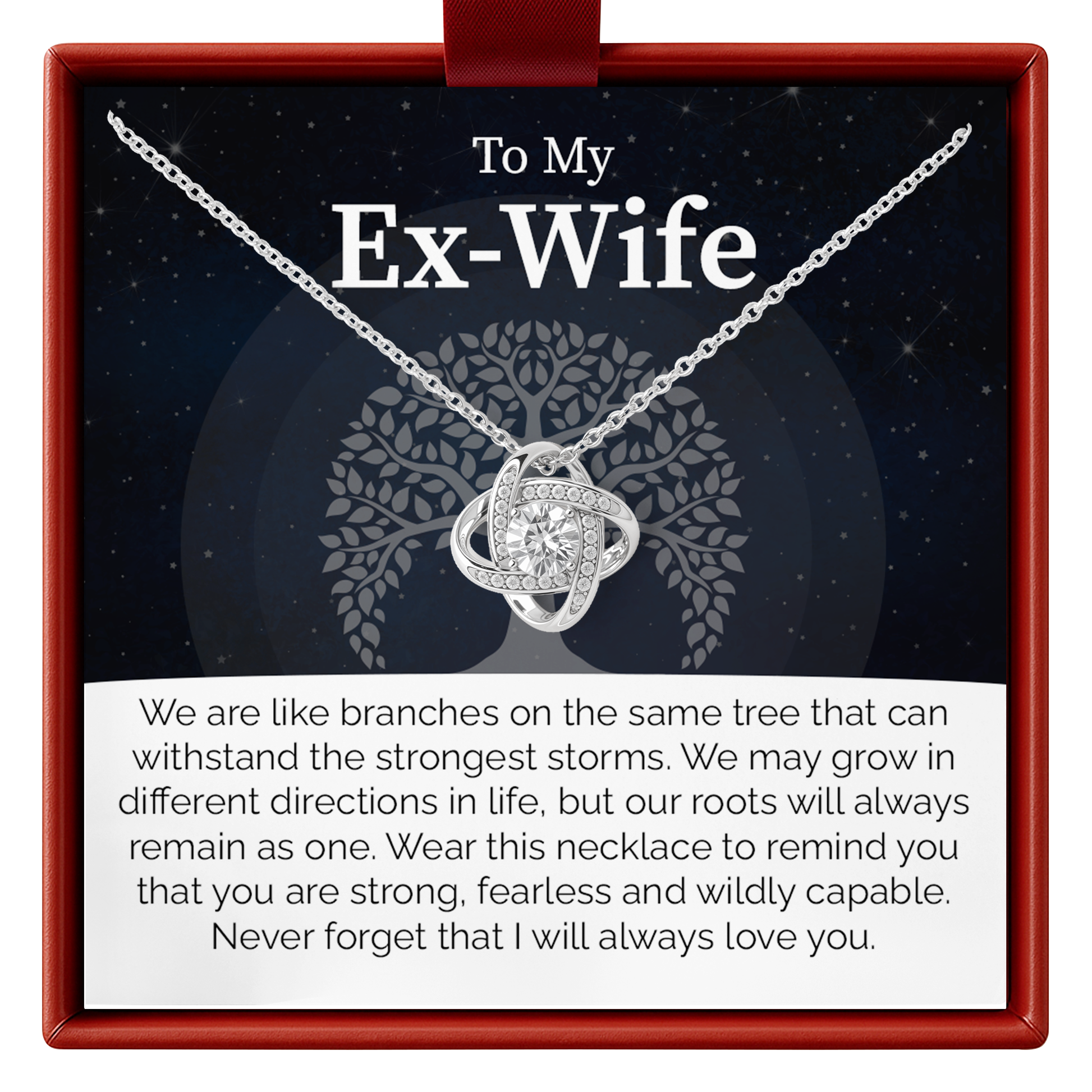 Necklace in a box with a message to an ex-wife, set against a dark background with tree design.