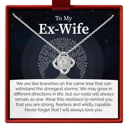 Necklace in a box with a message to an ex-wife, set against a dark background with tree design.