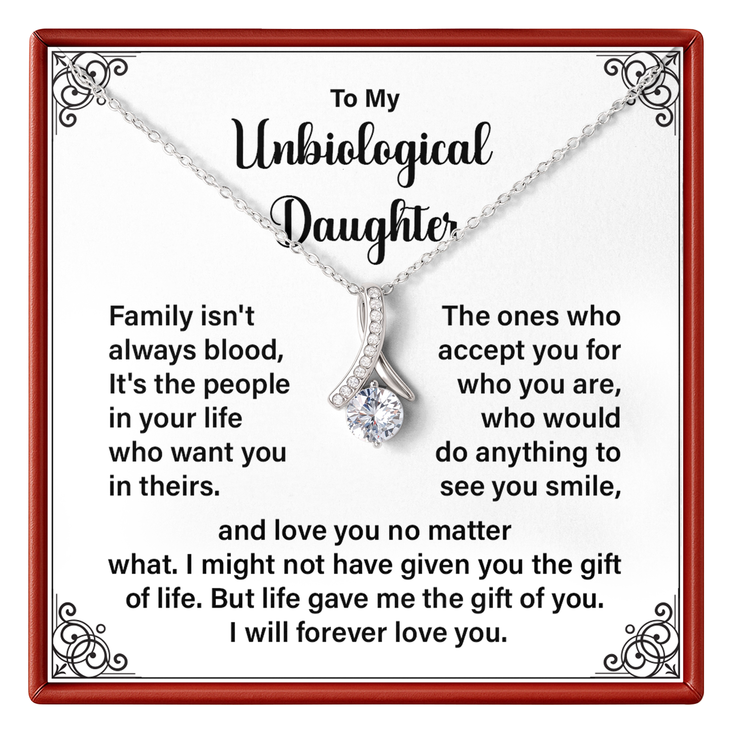 Necklace with a sentimental message card for an 'Unbiological Daughter' on a white background.