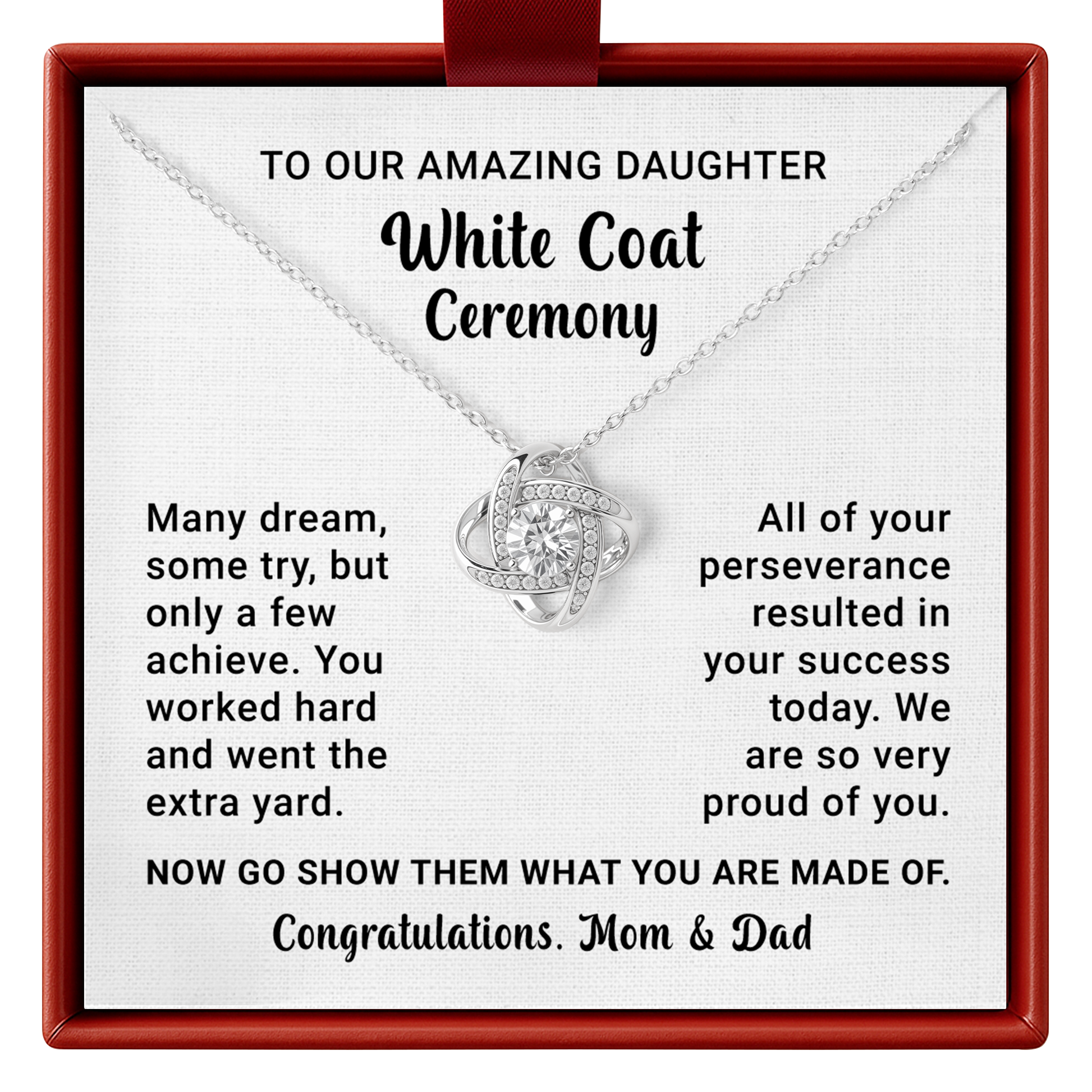 Necklace with a message card for an amazing daughter on a white coat ceremony