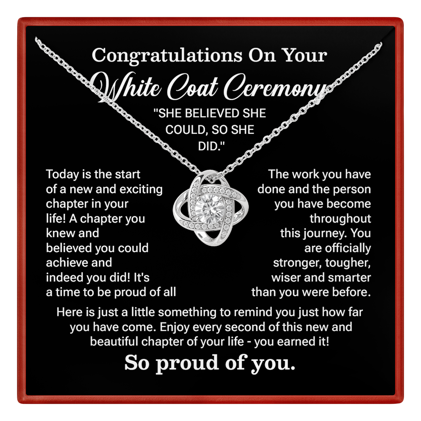 Necklace with heart pendant on a black card with white text for White Coat Ceremony celebration.