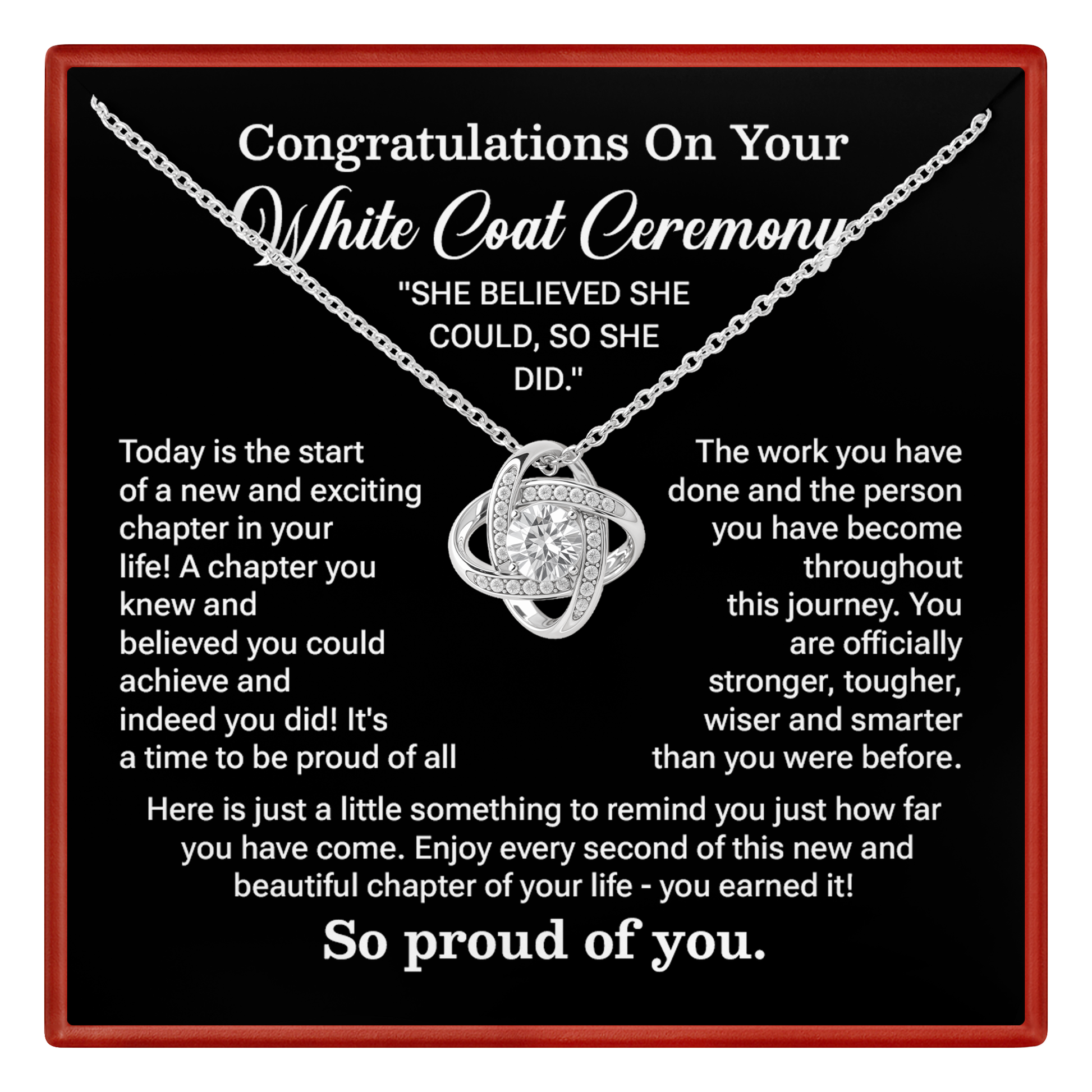 Necklace with heart pendant on a black card with white text for White Coat Ceremony celebration.