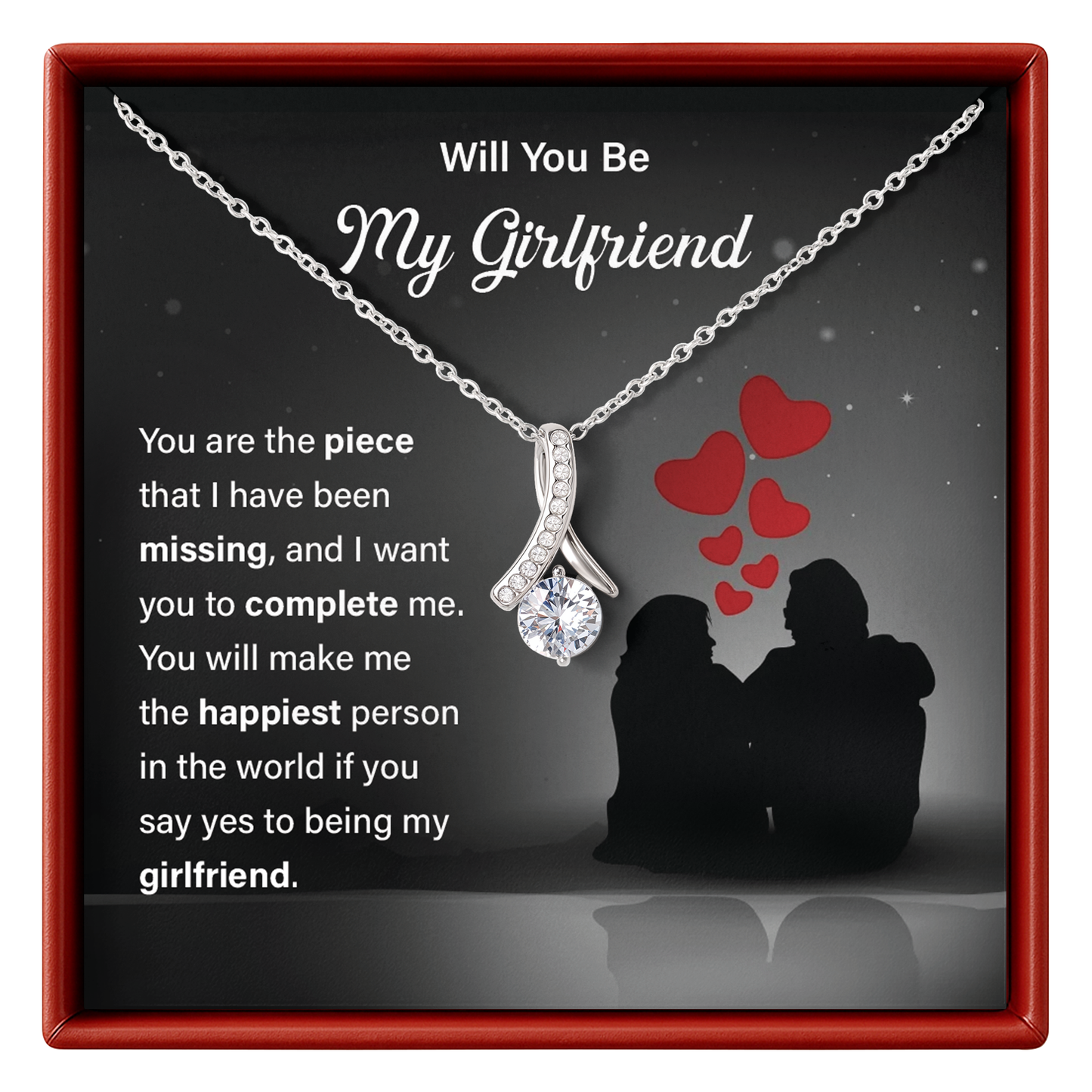 Necklace with heart-shaped pendant in a box with romantic message for girlfriend