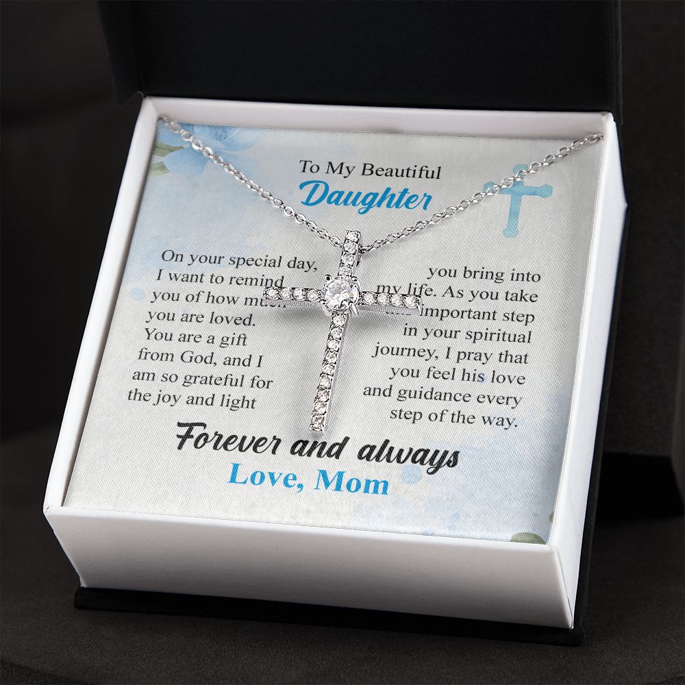 To My Beautiful Daughter Cross Necklace From Mom, On Your Special Day, Love Knot Necklace For Women, Birthday Christmas Present