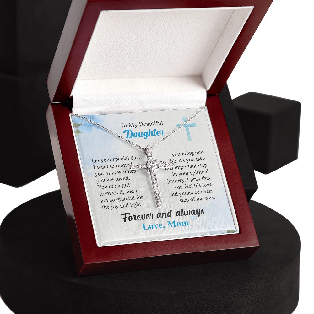 To My Beautiful Daughter Cross Necklace From Mom, On Your Special Day, Love Knot Necklace For Women, Birthday Christmas Present