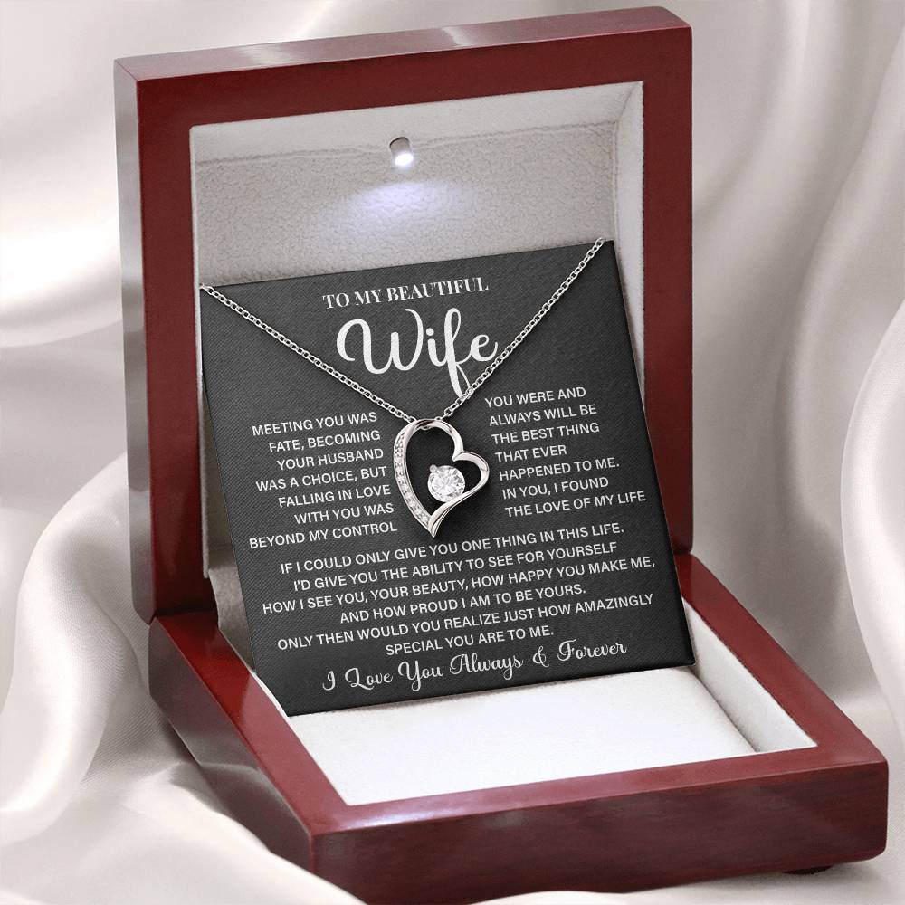 To My Beautiful Wife Necklace – 'meeting You Was Fate' Sentimental Jewelry Gift For Wife From Husband, Romantic Message 'you Are The Love Of My Life' Forever Love Keepsake