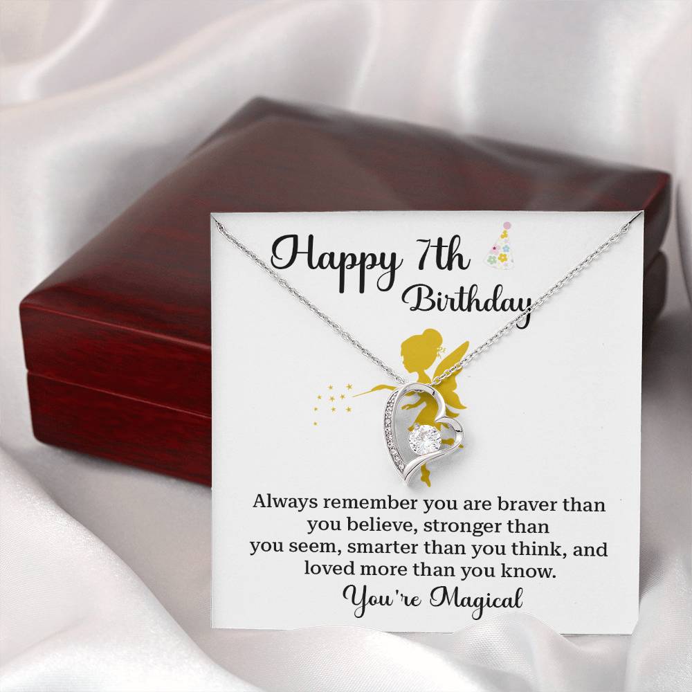 7th Birthday Gift for Girl – Fairy Heart Necklace with Message Card