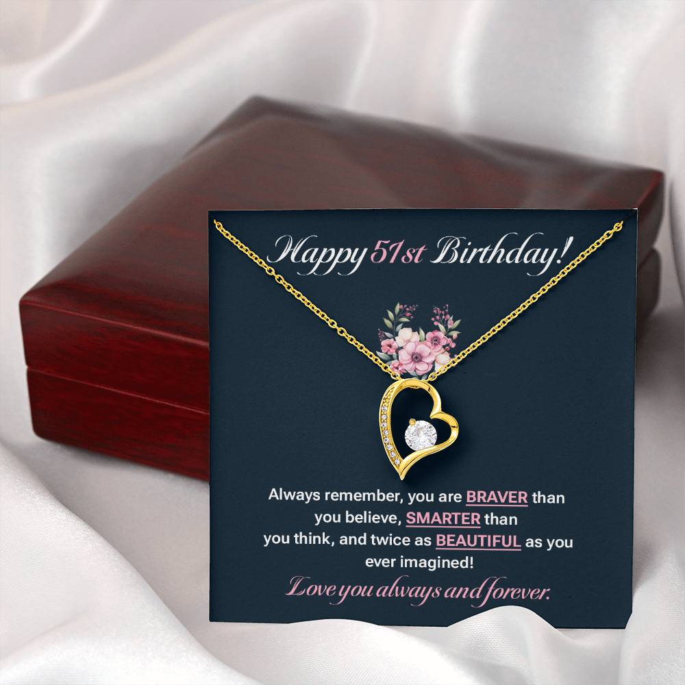 51st Birthday Gift for Her – Elegant Heart Necklace with Message Card