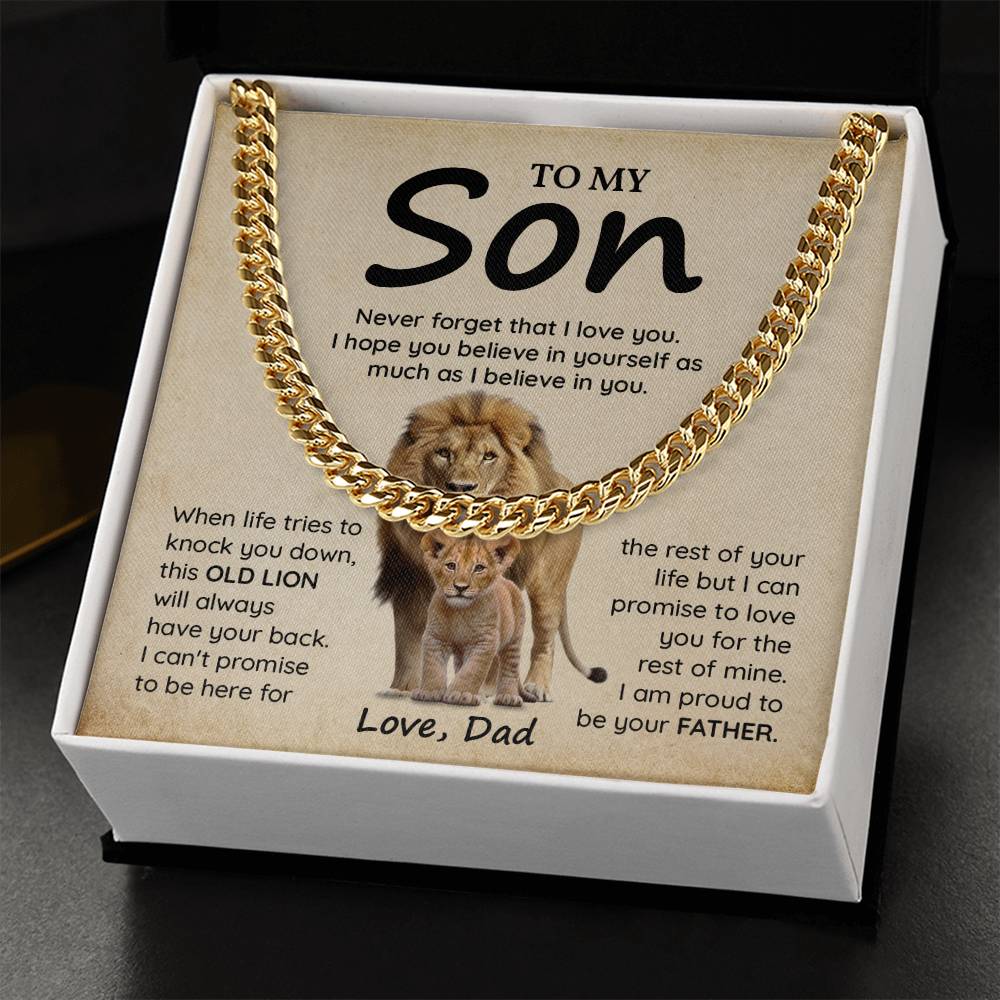 To My Son Gift from Dad – Lion Message Card Cuban Chain Necklace