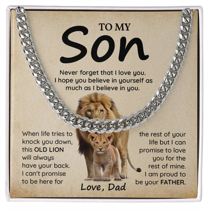 To My Son Gift from Dad – Lion Message Card Cuban Chain Necklace