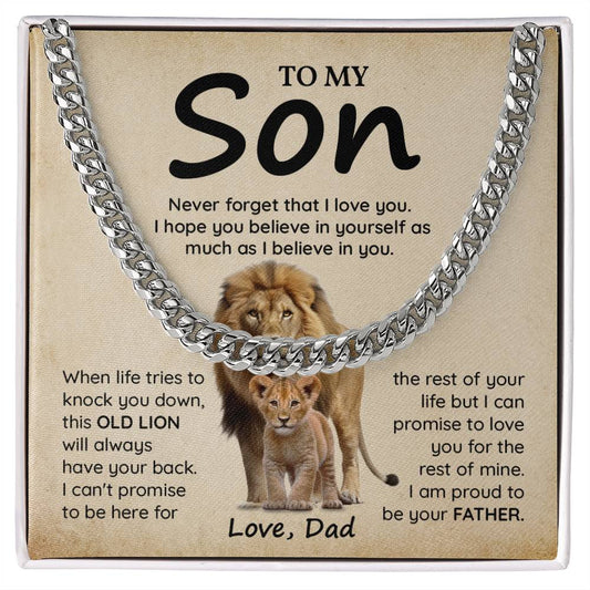 To My Son Gift from Dad – Lion Message Card Cuban Chain Necklace