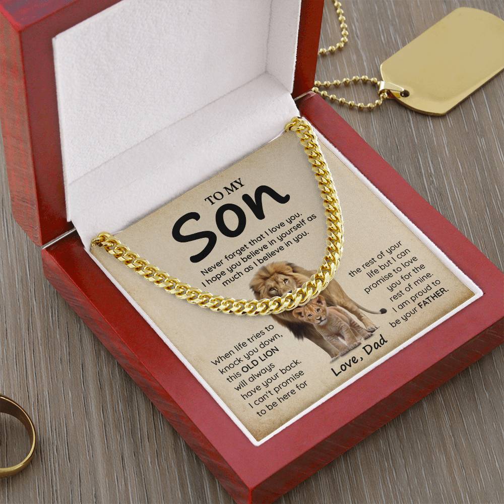 To My Son Gift from Dad – Lion Message Card Cuban Chain Necklace