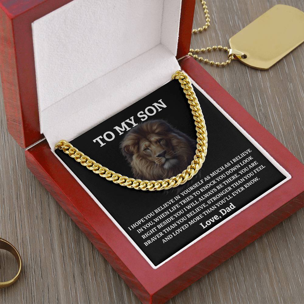 Lion Necklace for Son from Dad – Brave, Strong, Loved Message Card