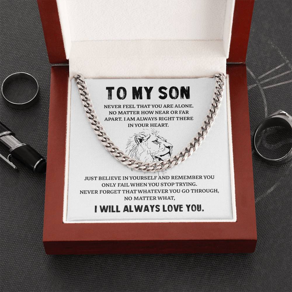 To My Son Cuban Chain Necklace – Inspirational Gift with Lion Card