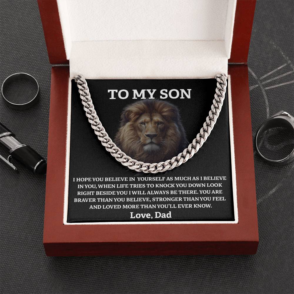 Lion Necklace for Son from Dad – Brave, Strong, Loved Message Card