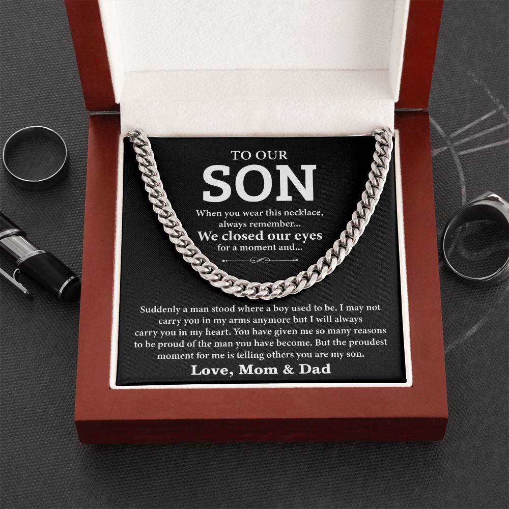 Son Necklace Gift from Parents – Mom and Dad Message Card Included