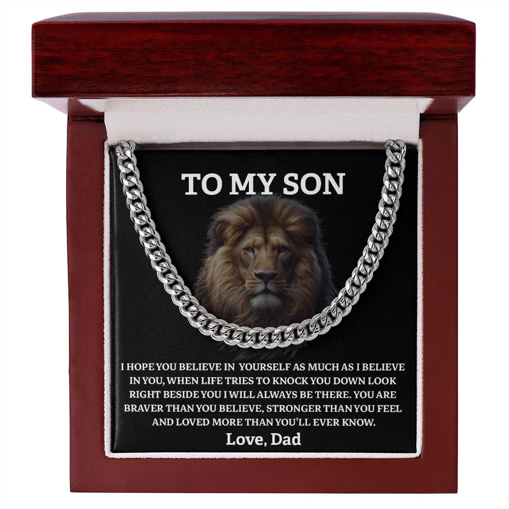 Lion Necklace for Son from Dad – Brave, Strong, Loved Message Card
