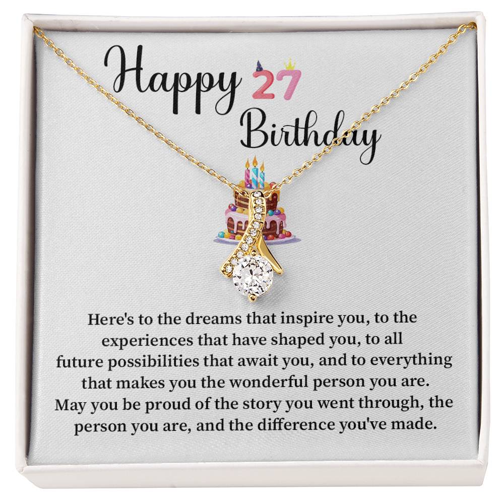 27th Birthday Gift for Her – Ribbon Drop Necklace with Message Card