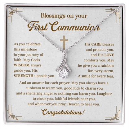 First Communion Gift Necklace – Religious Pendant with Blessings Card
