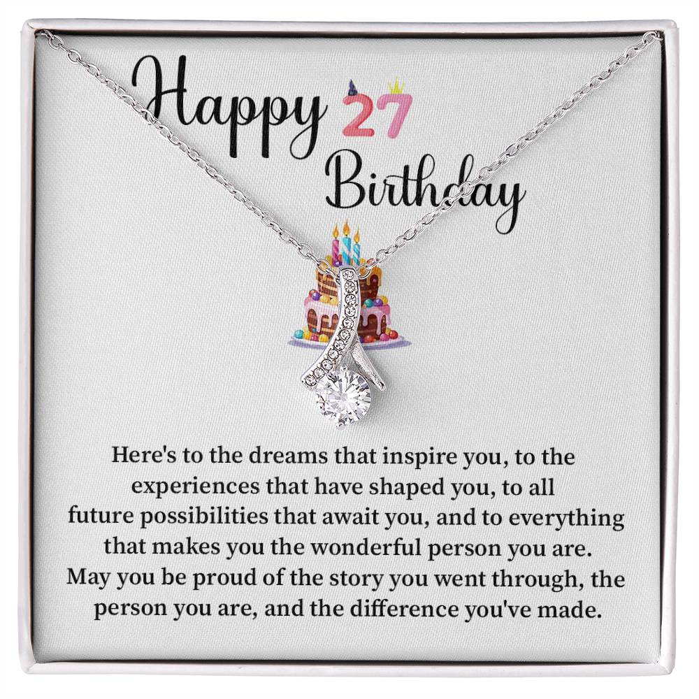 27th Birthday Gift for Her – Ribbon Drop Necklace with Message Card