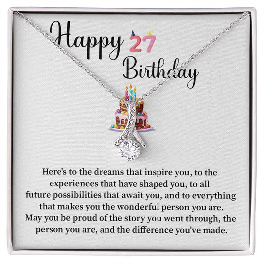 27th Birthday Gift for Her – Ribbon Drop Necklace with Message Card