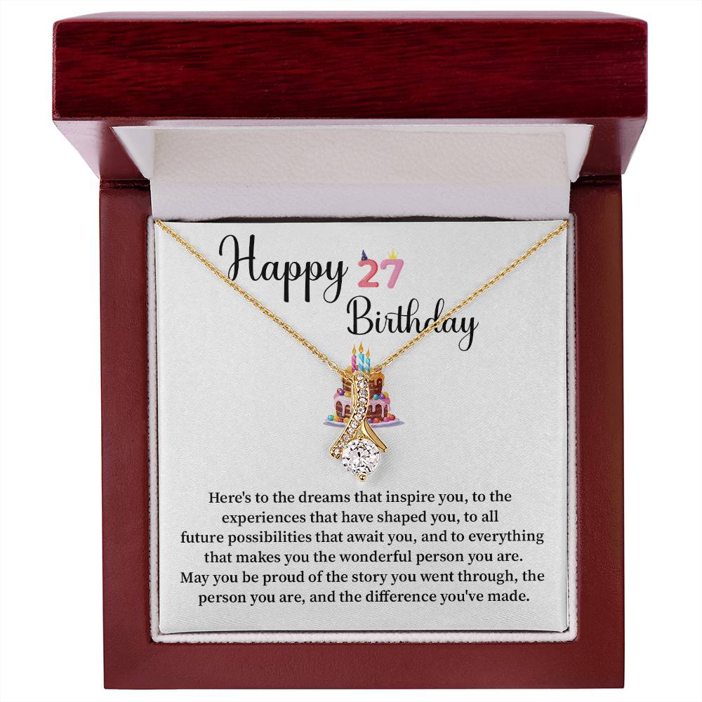 27th Birthday Gift for Her – Ribbon Drop Necklace with Message Card