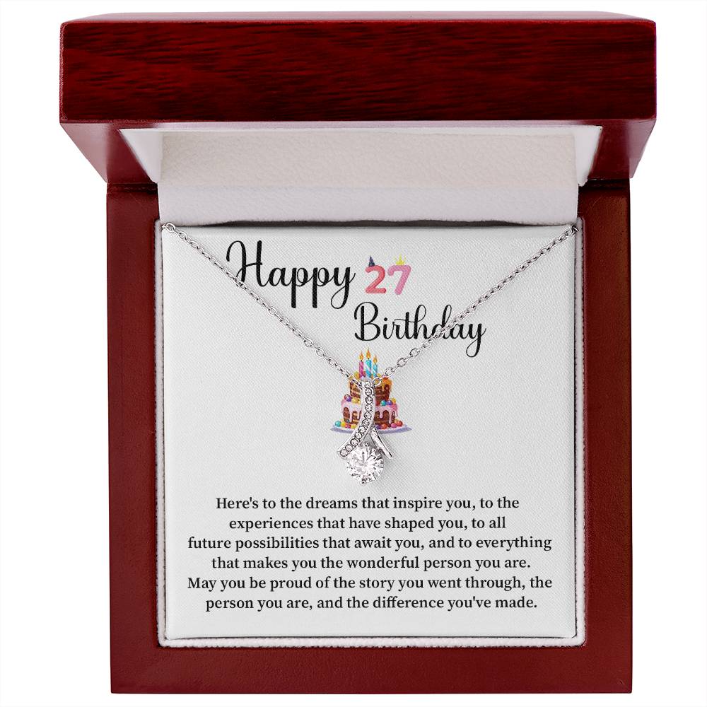 27th Birthday Gift for Her – Ribbon Drop Necklace with Message Card