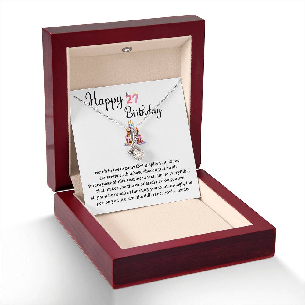 27th Birthday Gift for Her – Ribbon Drop Necklace with Message Card