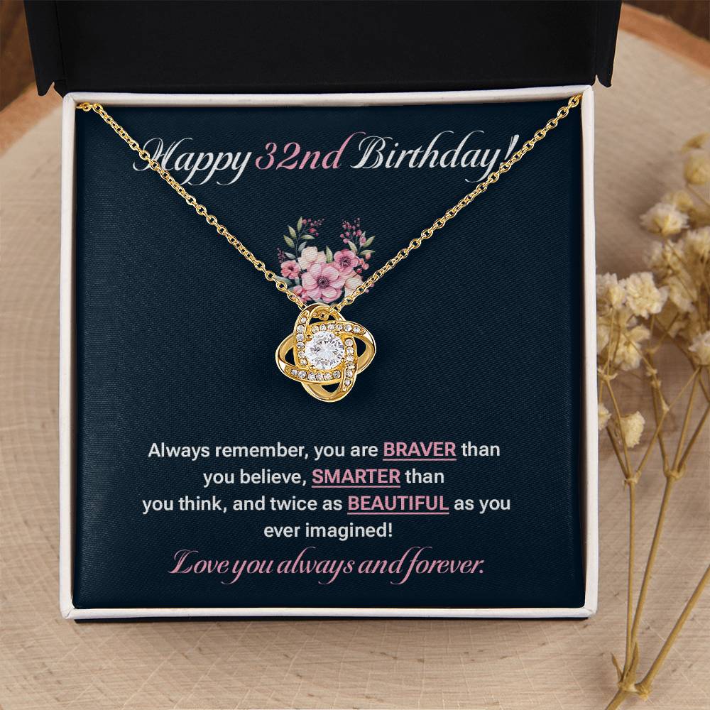 32nd Birthday Necklace Gift for Her – Elegant Love Knot with Card