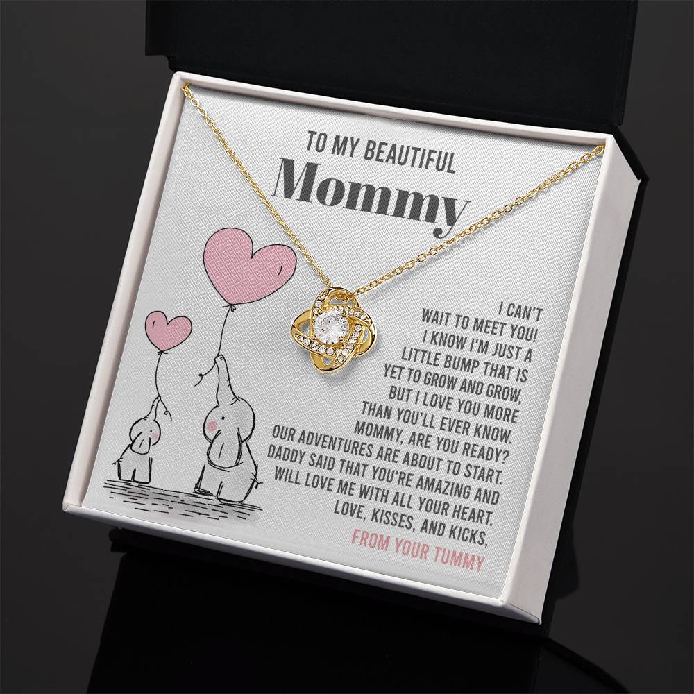 To My Beautiful Mommy Necklace Gift From Your Tummy - Mother's Day Gift, 925 Sterling Silver Love Knot Necklace Gift For Mommy, Gift For Mother Handmade Jewelry With Message Card And Box.