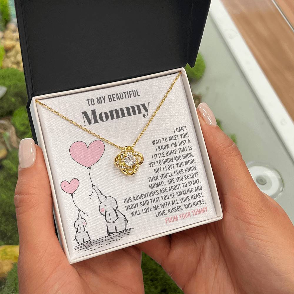 To My Beautiful Mommy Necklace Gift From Your Tummy - Mother's Day Gift, 925 Sterling Silver Love Knot Necklace Gift For Mommy, Gift For Mother Handmade Jewelry With Message Card And Box.