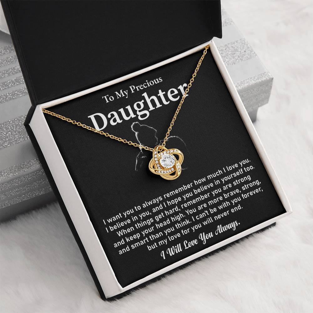 To My Precious Daughter Love Knot Necklace Emotional Love Knot Jewelry Gift Special Parent-to-daughter Keepsake Motivational Jewelry For Daughter Sentimental Parent-to-daughter Gift Daughter Strength And Love Gift Encouragement Gift For Daughter