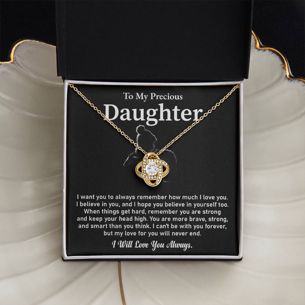 To My Precious Daughter Love Knot Necklace Emotional Love Knot Jewelry Gift Special Parent-to-daughter Keepsake Motivational Jewelry For Daughter Sentimental Parent-to-daughter Gift Daughter Strength And Love Gift Encouragement Gift For Daughter