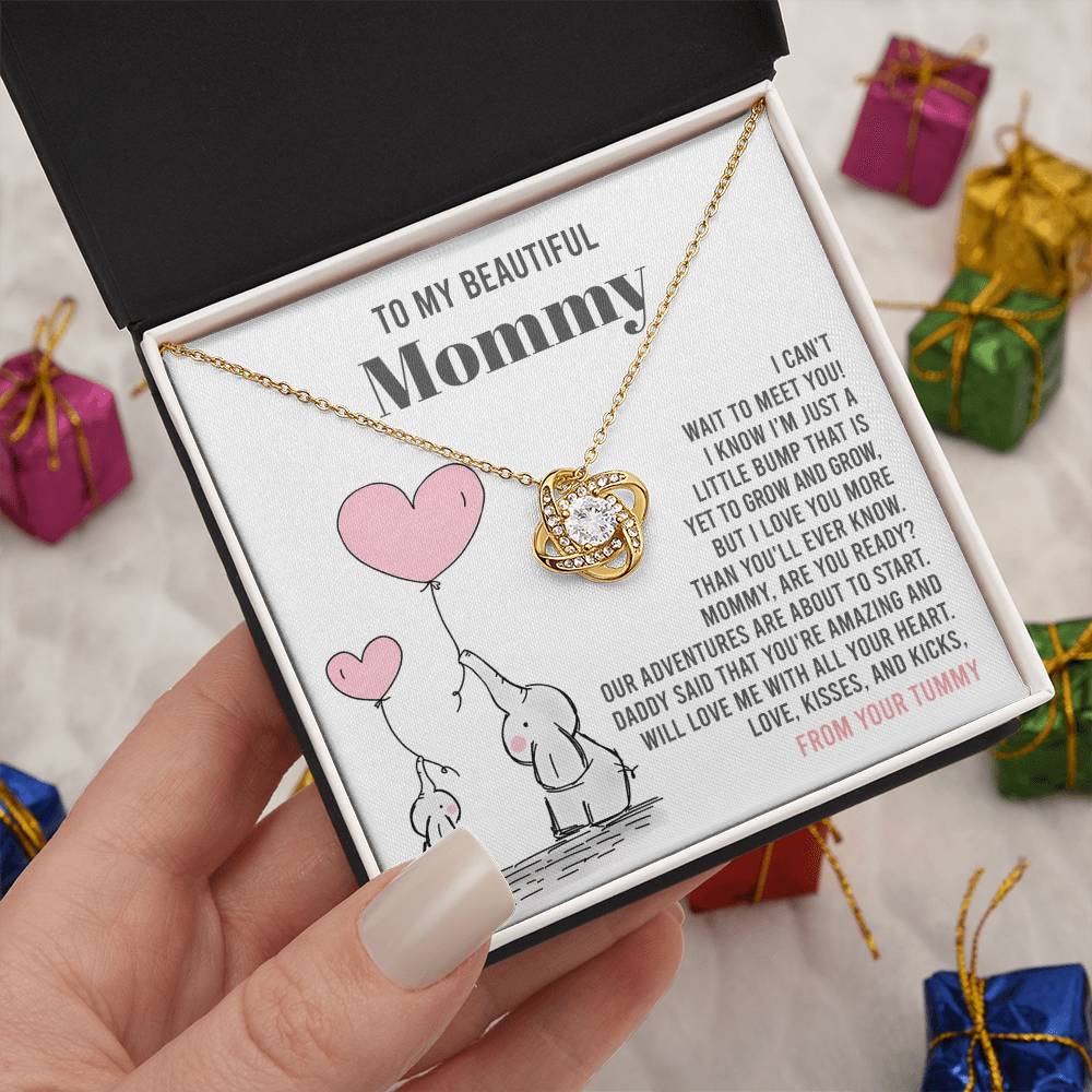 To My Beautiful Mommy Necklace Gift From Your Tummy - Mother's Day Gift, 925 Sterling Silver Love Knot Necklace Gift For Mommy, Gift For Mother Handmade Jewelry With Message Card And Box.