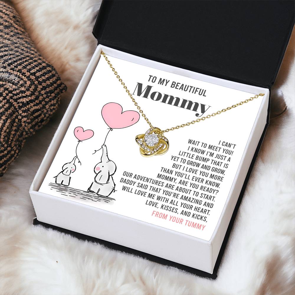 To My Beautiful Mommy Necklace Gift From Your Tummy - Mother's Day Gift, 925 Sterling Silver Love Knot Necklace Gift For Mommy, Gift For Mother Handmade Jewelry With Message Card And Box.