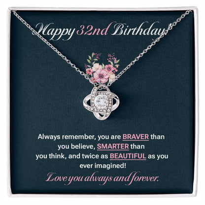 32nd Birthday Necklace Gift for Her – Elegant Love Knot with Card