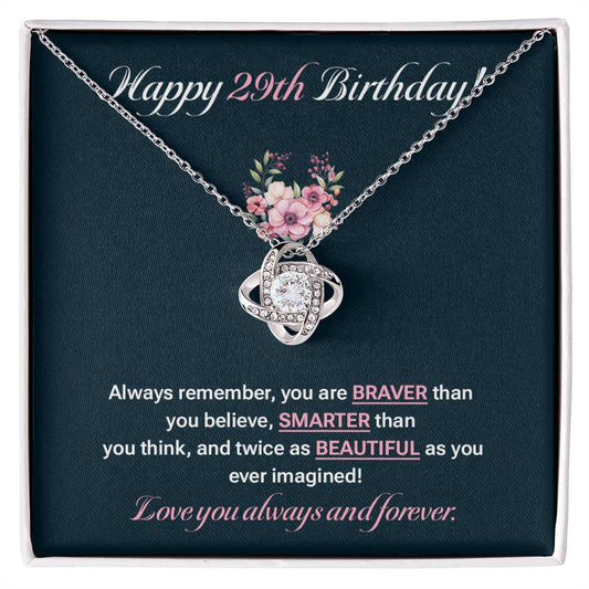 29th Birthday Necklace Gift for Her – Love Knot Pendant with Card