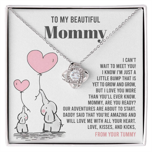 To My Beautiful Mommy Necklace Gift From Your Tummy - Mother's Day Gift, 925 Sterling Silver Love Knot Necklace Gift For Mommy, Gift For Mother Handmade Jewelry With Message Card And Box.