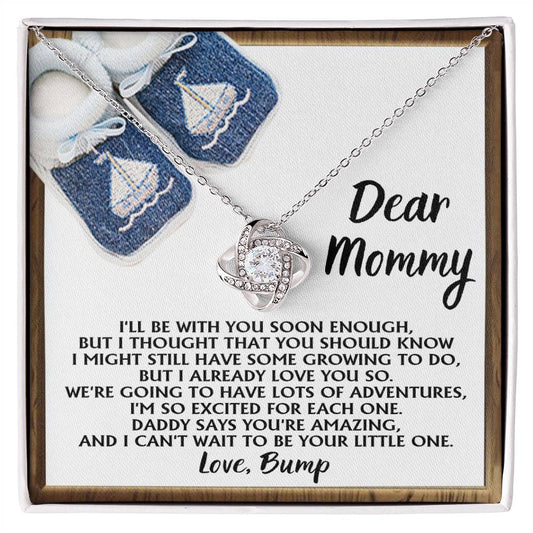 Dear Mommy Necklace Gift For Mom On Her Mother's Day, Birthday Jewelry Gift, Gift For Mommy From Baby Bump, Pregnancy Gift For Mommy 925 Silver Necklace Love Knot Necklace With Meaningful Message Card And Box.