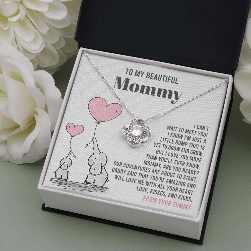 To My Beautiful Mommy Necklace Gift From Your Tummy - Mother's Day Gift, 925 Sterling Silver Love Knot Necklace Gift For Mommy, Gift For Mother Handmade Jewelry With Message Card And Box.