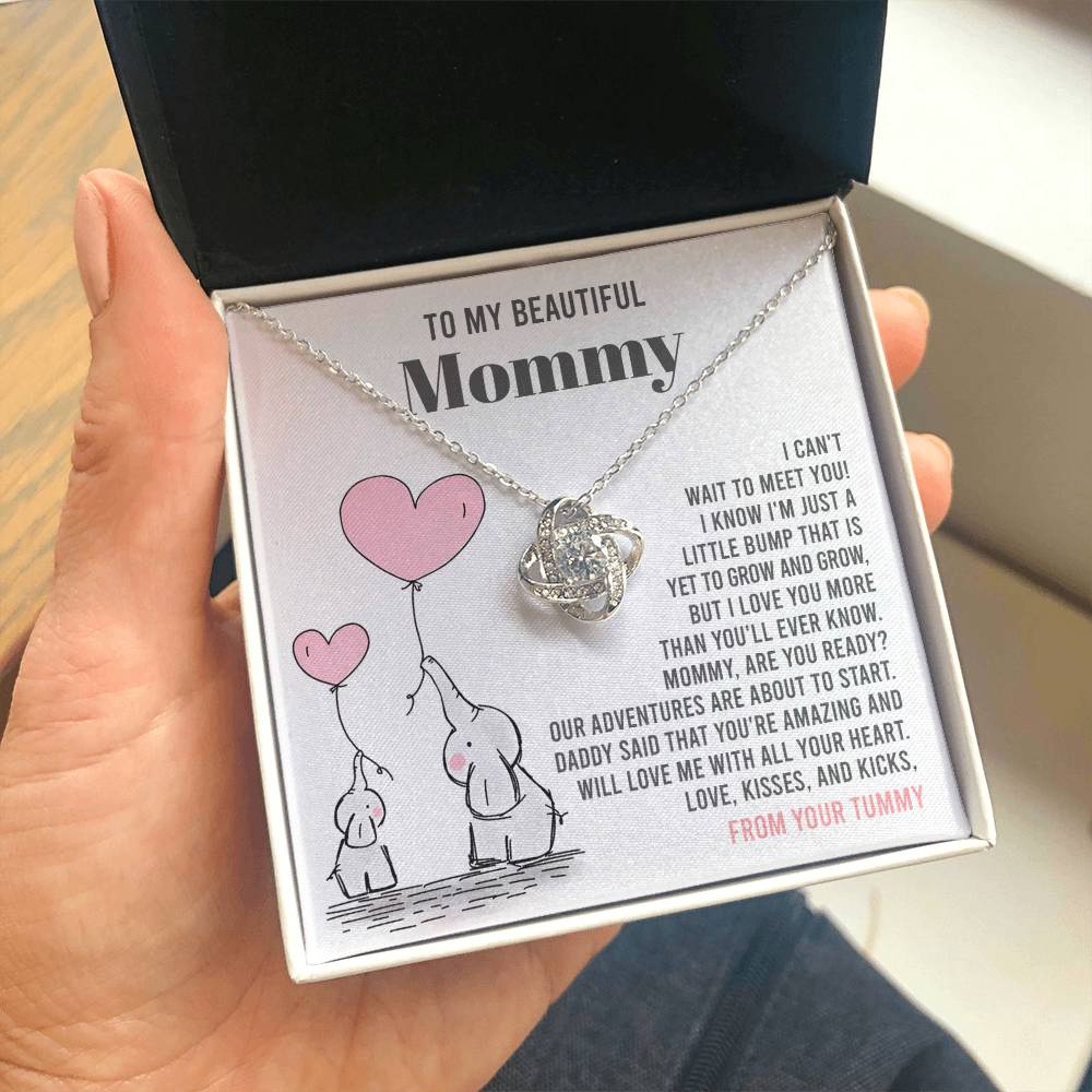 To My Beautiful Mommy Necklace Gift From Your Tummy - Mother's Day Gift, 925 Sterling Silver Love Knot Necklace Gift For Mommy, Gift For Mother Handmade Jewelry With Message Card And Box.