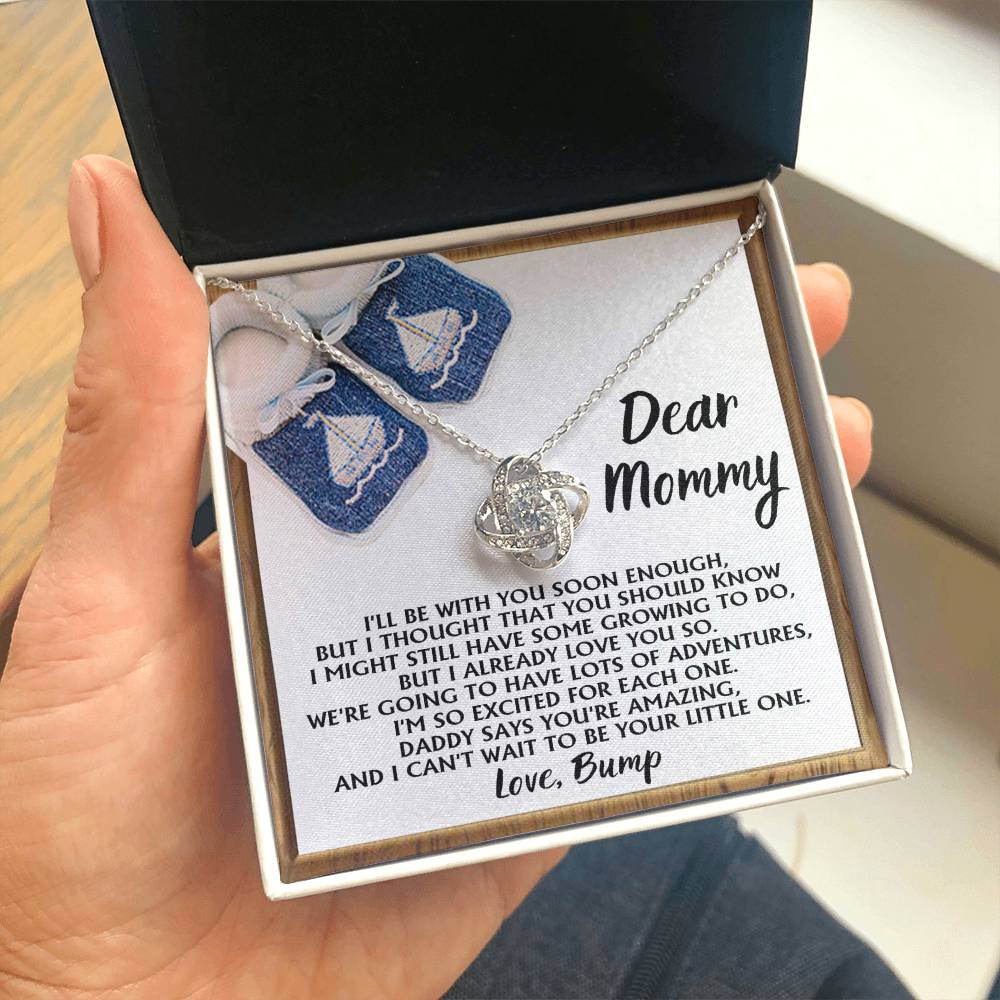 Dear Mommy Necklace Gift For Mom On Her Mother's Day, Birthday Jewelry Gift, Gift For Mommy From Baby Bump, Pregnancy Gift For Mommy 925 Silver Necklace Love Knot Necklace With Meaningful Message Card And Box.