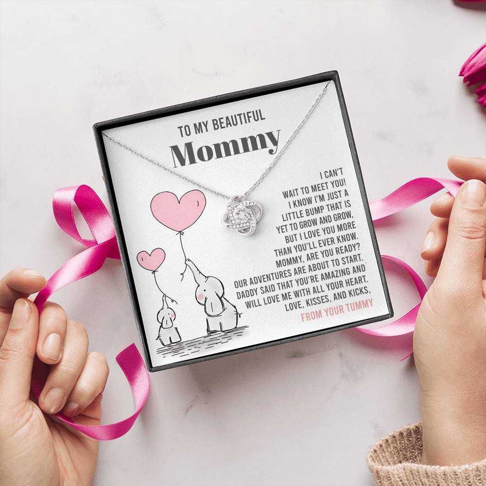 To My Beautiful Mommy Necklace Gift From Your Tummy - Mother's Day Gift, 925 Sterling Silver Love Knot Necklace Gift For Mommy, Gift For Mother Handmade Jewelry With Message Card And Box.